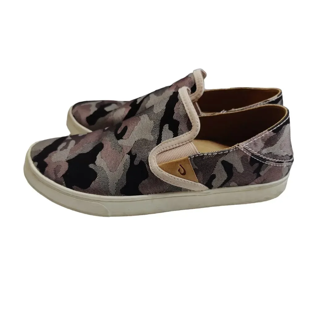 Olukai Women's Sz 7.5 Pehuea Pa'i Grey Camo Slip On Sneakers Fold Down Heel